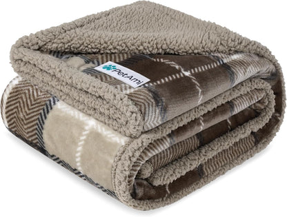 Waterproof Dog Blanket for Bed, Couch, Sofa | Waterproof Dog Bed Cover for Large Dogs, Puppies | Checkered Sherpa Fleece Pet Blanket Furniture Protector | Reversible | 80 X 60 (Taupe)